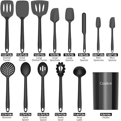 Coukre Silicone Kitchen Cooking Utensils Set, Heat Resistant, 14-Piece | Dishwasher-Safe, Food-Grade Silicone, BPA-Free, Spatulas, Spoons & Turner, Safe for Nonstick Cookware, Pure Black - color: PureBlack