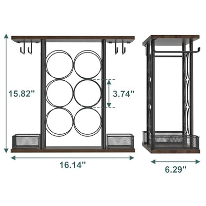 VyGrow Countertop Wine Rack, 3 Tier Wood & Metal Small Wine Rack Up to Hold 6 Bottles and 4 Glasses, Wine Bottle Holder for Home Bar Tabletop Kitchen Cabinet, 6.29" D x 16.14" W x 15.82" H