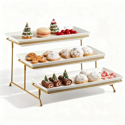 YHOSSEUN 3 Tier Serving Tray for Party, Tiered Serving Platters and Trays, 14 Inch Tiered Tray Stand, Dessert Stand, Serving Stand, Dessert Table Display Set with Collapsible Sturdier Metal Rack | Ceramic Tiered Tray Stand, Dessert Stand, Serving Stand, D