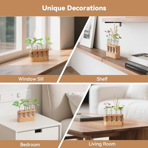 Rechargeable Plant Propagation Station with Stepless Dimming Lights | Wooden Stand, 4 Glass Test Tubes, Home Decor for Hydroponic Plants, Unique Gifts for Women & Plant Lovers