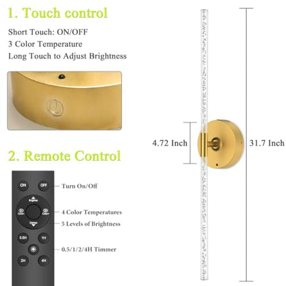 Rechargeable Wall Lights Battery Operated Sconce 2Pack(Gold Bubble Crystal) | 10000mAh Wireless Wall Lights With Touch & Remote, 4CCT, 360° Rotatable Wall Lamp for Bedroom Living Room Hallway 31.5in - color: Bubble Crystal Gold