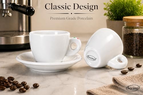 Bacimi® Espresso Cups & Saucers Set of 4 – 3 oz Thick Porcelain Coffee Cups - Barista Style Set - Classic Italian Design - Ceramic Cups for Espresso, Macchiato, Doppio – Dishwasher & Microwave Safe