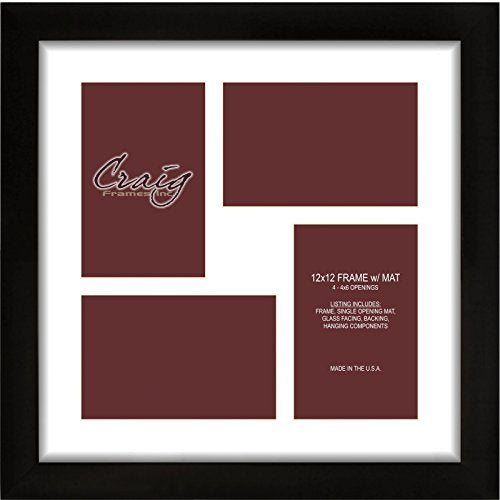 Craig Frames 1WB3BK 12 by 12-Inch Black Picture Frame, Single White Collage Mat with 4-4 by 6-Inch Openings - color: 500121201C53A 4x6 2-Opening - 1" Border