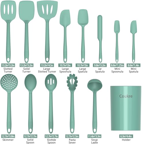 Coukre Silicone Kitchen Cooking Utensils Set, Heat Resistant, 14-Piece | Dishwasher-Safe, Food-Grade Silicone, BPA-Free, Spatulas, Spoons & Turner, Safe for Nonstick Cookware, PureAquaGreen - color: PureAquaGreen