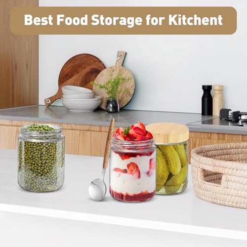 16oz Overnight Oats jars 4 Pack,Overnight Oats Containers with Bamboo Lids for Meal Prep,Wide mouth Mason Glass Salad Jars with Spoons,Glass Food Storage Container for Yogurt Chia Pudding Spice Sugar