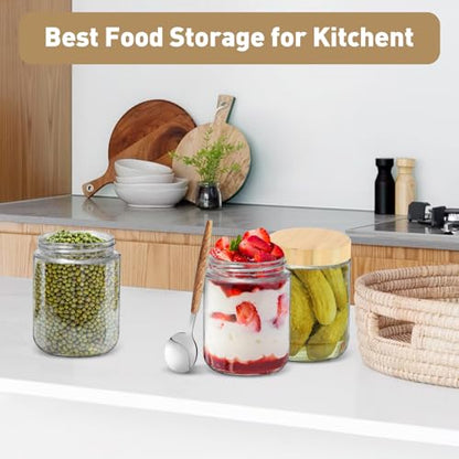 16oz Overnight Oats jars 4 Pack,Overnight Oats Containers with Bamboo Lids for Meal Prep,Wide mouth Mason Glass Salad Jars with Spoons,Glass Food Storage Container for Yogurt Chia Pudding Spice Sugar