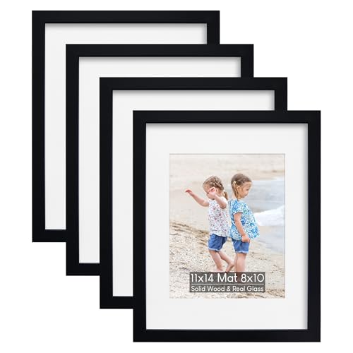 11x14 Picture Frame Set of 4, Holds 8x10 Photos with Mat or 11x14 without Mat, Solid Wood and Real HD Glass for Wall Mount, Picture Frames Collage Wall Décor, Black - color: Black, size: 11x14
