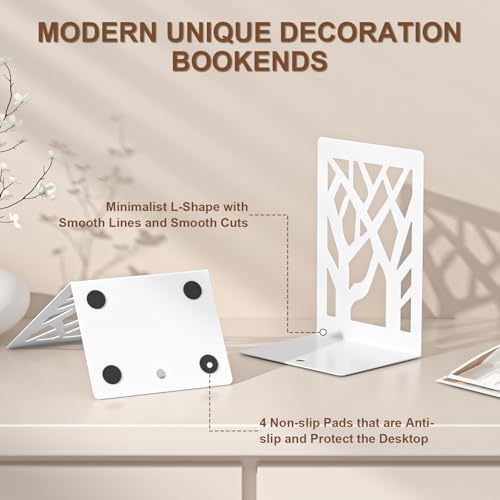 VFINE Withe Bookend 6-Piece, Tree Design Bookends for Shelves, Metal Book Ends for Desk, Decoration Stylish Bookshelf Bookends for Home Office School Supplies - style: White bookend 3 pairs