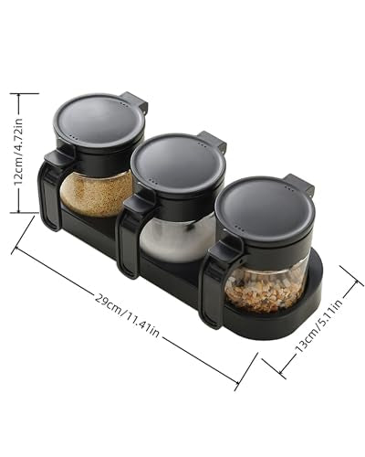 3 Pack Airtight Glass Spice Jars with Spoons, Lead-Free Condiment Container Set with Silicone Seal Ring, Honey Dippers, Tray, Labels and Wall Mount Adhesive for Sugar, Salt, Coffee Bar, Black - color: BLACK