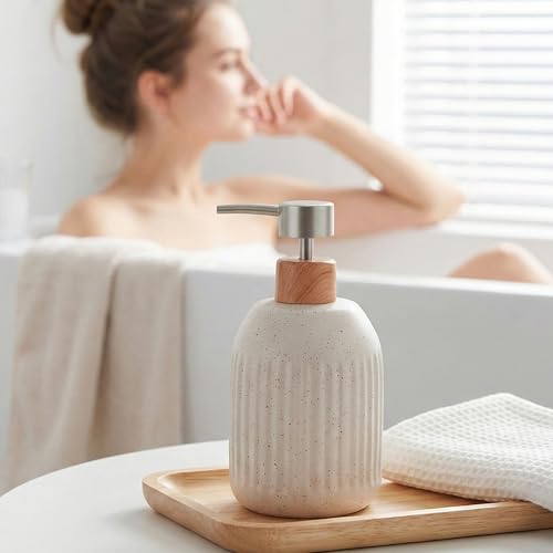 Ceramic Soap Dispenser, 16oz Rustic Dish Hand Soap Dispenser for Bathroom & Kitchen, Speckled Liquid Soap Pump Bottle for Shampoo, Lotion, Conditioner, Modern Farmhouse Bathroom Accessories - color: Ribbed-cream