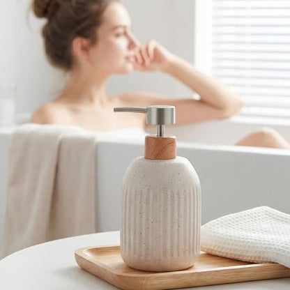 Ceramic Soap Dispenser, 16oz Rustic Dish Hand Soap Dispenser for Bathroom & Kitchen, Speckled Liquid Soap Pump Bottle for Shampoo, Lotion, Conditioner, Modern Farmhouse Bathroom Accessories - color: Ribbed-cream