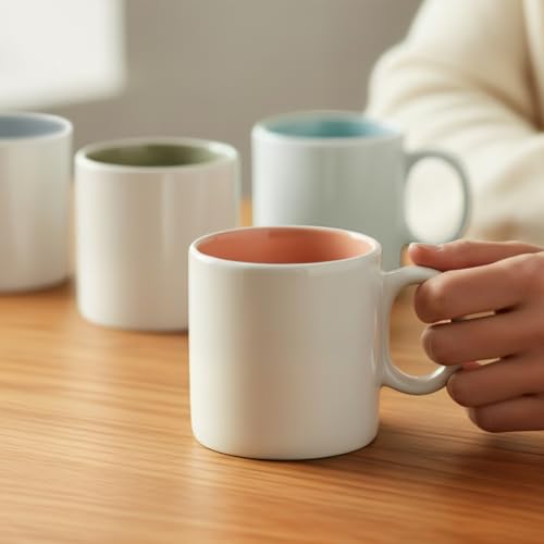 12oz White Ceramic Coffee Mugs, Set of 4 | Pastel glazed interior, wide handles, for latte, tea & cocoa, microwave & dishwasher safe
