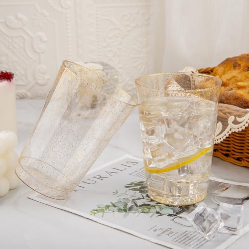 I00000 200 Pack 12 oz Gold Glitter Cups, Premium Clear Disposable Gold Cups | Gold Plastic Wine Glasses, Cocktail Glasses, Heavy Duty, Elegant Glitter Plastic Cups for Birthday, Wedding & Party - color: Glitter-12oz-200