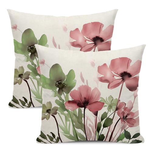 Spring Floral Pillow Covers 18x18 Inches Set of 2 Sage Green Pink Floral Throw Pillow Covers Outdoor Rustic Summer Flower Decoration Pillowcase Farmhouse Decorative Cushion Cover For Home Couch - color: Flower- Sage Green Pink, size: 18" x 18" (Pack of 2)
