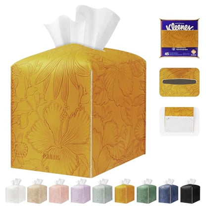 Square Tissue Cube Cover PU Leather Tissue Organizer with Bottom Belt for Bathroom, Tabletop, Kitchen, Night Stands, Office, Home, Car (RetroYellow) - color: Retroyellow