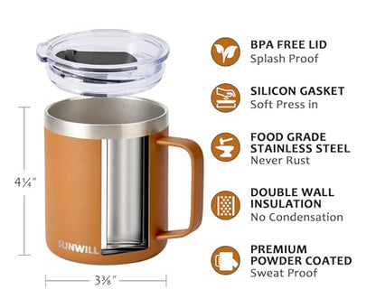 SUNWILL Insulated Coffee Mug, Stainless Steel 14 oz, Splash-Proof Lid | Keeps Drinks Hot & Cold, Powder Coated Caramel Finish, Dishwasher Safe, Ideal for Home & Office - color: Powder Coated Caramel