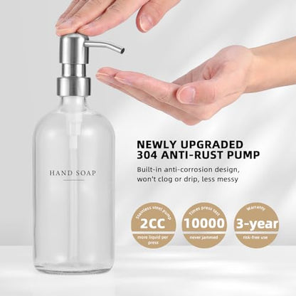 Glass Soap Dispenser - Dish Hand Soap Dispenser Set for Kitchen, Bathroom Soap Lotion Dispenser with 304 Rust Proof Pump, Tray, Clear Bottle/Silver Pump - color: Clear Bottle/Brushed Silver Pump + Tray + Funnel