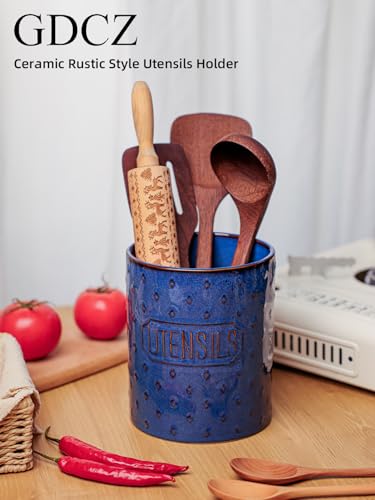 GDCZ Ceramic Utensil Holder 7 Inch, Utensil Crock for Countertop (Blue) | Large 7" Capacity, Sturdy Countertop Tool Organizer, Durable Ceramic, Embossed Utensils - color: Blue