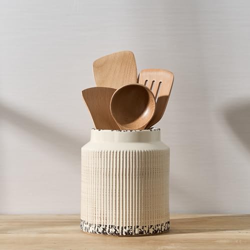 JIEMEI HOME Kitchen Utensil Holder, 6.77" Ceramic Farmhouse Stable Utensil Crock for Countertop, Vintage Style Cooking Tool Organizer with Cork Mat, Spatula Holder For Kitchen Decor, Antique Beige - color: Antique Beige