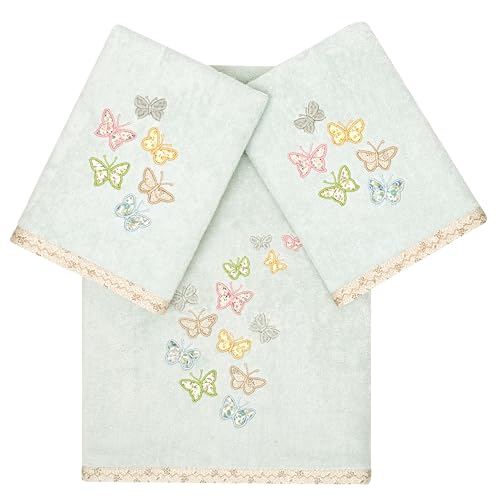 Frolic 3-Piece Towel Set, Exquisite Embroidered Butterflies, 100% Turkish Cotton, Ultra Absorbent, Cottage Decor, 1 Bath 2 Hand Towels, Aqua - color: Aqua, size: 1 Pc Bath 2 Pcs Hand Towel
