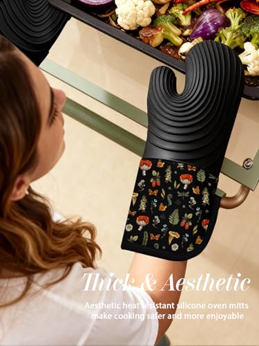 Slohif Long Silicone Oven Mitts Heat Resistant for Women - 2 Pcs Black Mushroom 100% Cotton Oven Gloves, Non-Slip and Waterproof Silicone Oven Mitts with Hanger for Baking and Cooking - color: Black Mushroom