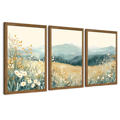 AVECCO 3 Pieces Wildflower Meadow Mountain Framed Canvas Wall Art 20x30 in | UV Fade-Resistant Ink, Giclee Print, Wooden Frame, Triptych Floral Landscape, Ready to Hang, Living Room Bedroom Decor - color: Mountain flowers, size: 30"L x 20"W