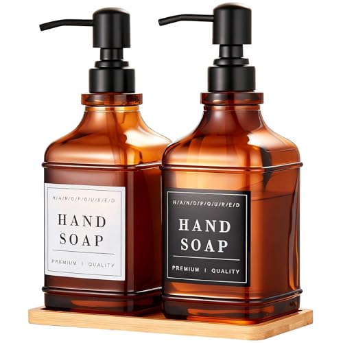 Amber Dish and Hand Soap Dispenser,Set of 2 * 16.9oz | Glass Soap Dispenser with Black Pump,Tray,Funnel,500ML Countertop Soap and Lotion Dispenser for Kitchen, Bathroom, Shower - color: Ks-5070c-28y-2b