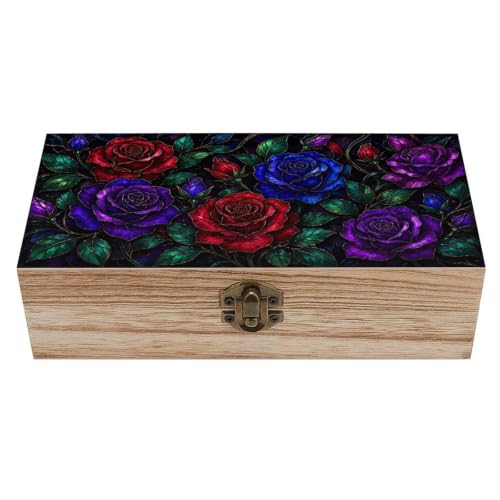 Colorful Roses Floral Wooden Storage Box Decorative Keepsake Box with Metal Lock Vintage Organizer Container Jewelry Photo Letter Memory Box Rustic Home Desk Storage Gift Box - color: Colorful Roses Floral