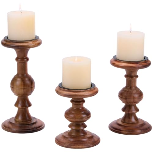 Solid Acacia Wood Candle Holders for Pillar Candles, 3-Piece Vintage Rustic Tall Modern Farmhouse Set, Decorative Wooden Candlestick Stand for Fireplace Mantel, Table Centerpiece - color: Acacia Wood