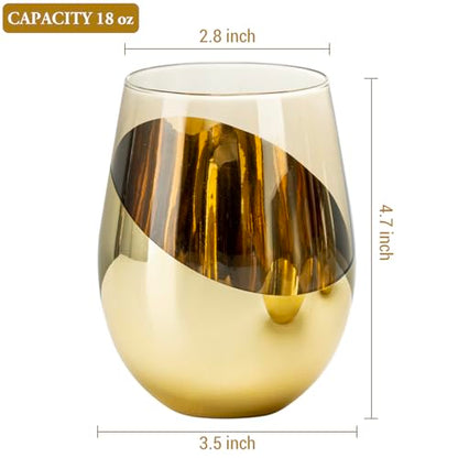 MyGift 18 oz Amber Brown Stemless Wine Glasses, Brass Accent, Set of 4 | Angled brass accents and amber glass create a retro-inspired look for cocktails, wine, dinners, and special occasions - color: Amber / Gold-4