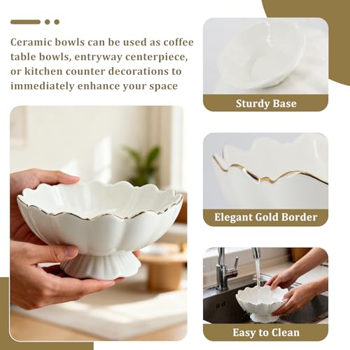 White Small Decorative Bowl 8 Inch Ceramic Key & Fruit Bowl Ruffle Lotus Shape with Gold Rim Candy Bowl, Multi-Use Centerpiece Pedestal Bowls for Kitchen Counter, Coffee Table, Entryway, Wedding