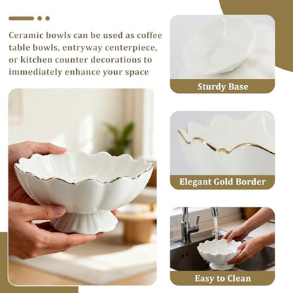 White Small Decorative Bowl 8 Inch Ceramic Key & Fruit Bowl Ruffle Lotus Shape with Gold Rim Candy Bowl, Multi-Use Centerpiece Pedestal Bowls for Kitchen Counter, Coffee Table, Entryway, Wedding