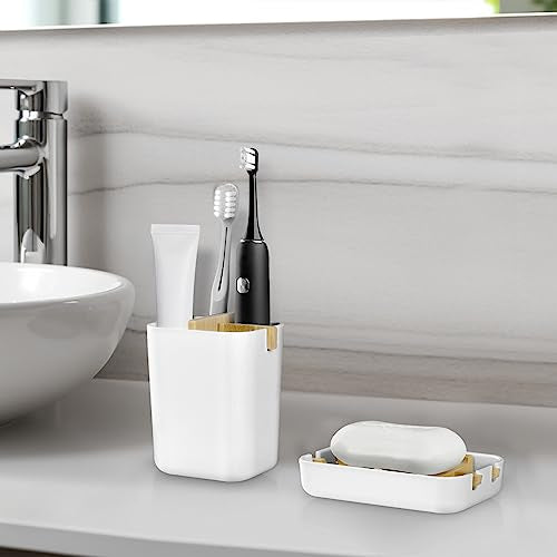 Toothbrush Holders and Soap Holder Set, Bathroom Accessories Countertop | 4 Slots Brush Holder, Plastic Soap Dish Tray, Bathroom Countertop Storage - color: White