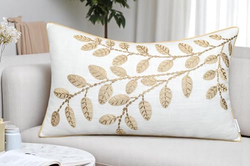 Rudransha Hand Embroidered Cotton Lumbar Pillow Cover - 12x20 Ivory Decorative Accent - Hazel Leaves - color: Ivory-hazel, size: 20" x 12" (Pack of 1)