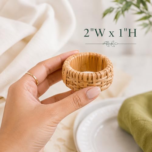 Alpha Living Home Rattan Napkin Rings, Brown, Set of 12 | Natural cane & plastic blend, 2x2x1 in each, boho rustic style, handcrafted, fits various napkin thicknesses - color: Tan, size: 12- Pack