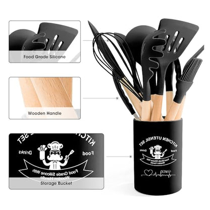 Kitchen Utensils Set Silicone Kitchen Utensils Set with Wooden Handle Utensils for Cooking Heat Resistant Silicone Non-Stick Cookware BPA FREE (Black) - color: Black