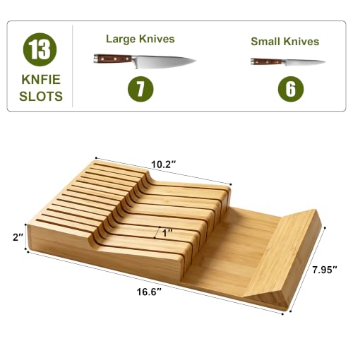 Bamboo Kitchen Drawer Knife Block, In drawer Knife Holder, Knife Drawer Organizer fit for 13 knives | Compact design,13 Slots, Thicker Base Board, Drawer Holder Storage For Steak, Paring, Bread Knives - size: 13 Slots Knife Holder