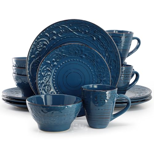 Elama Malibu Deep Ocean 16-Piece Stoneware Embossed Pattern Reactive Glaze Dark Blue Dinnerware Set, Tableware, Serveware Set (Deep Ocean Blue) - color: Deep Ocean Blue