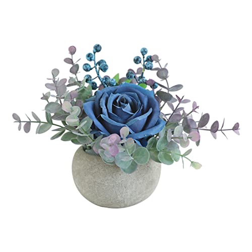 Small Artificial Blue Rose Potted Plant, 6" Fake Silk Flowers in 3.5" Round Pot, Mini Faux Floral Arrangement for Desk Shelf Bathroom Decor - color: Blue