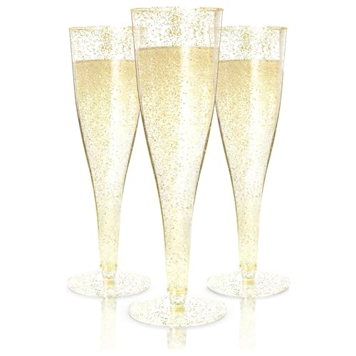 Prestee 100 Gold Plastic Champagne Flutes - 4.5 oz Disposable Champagne Glasses for Toasting at Weddings, Mimosas, Cocktails, Great Gatsby Party Decorations, and Events - color: Gold Glitter, size: 100 Count (Pack of 1)