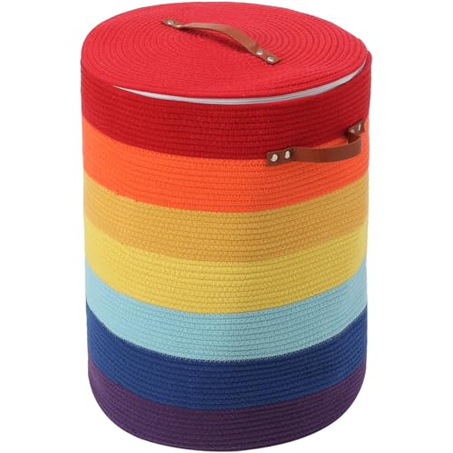 16"x20" Extra Large Cotton Rope Basket with Zipper Lid, Woven Laundry Hamper and Blanket Storage Basket, Round Clothes Bin for Living Room Bedroom, Rainbow Multicolor - color: Rainbow