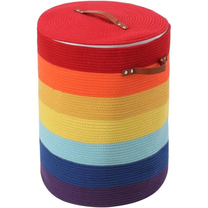16"x20" Extra Large Cotton Rope Basket with Zipper Lid, Woven Laundry Hamper and Blanket Storage Basket, Round Clothes Bin for Living Room Bedroom, Rainbow Multicolor - color: Rainbow