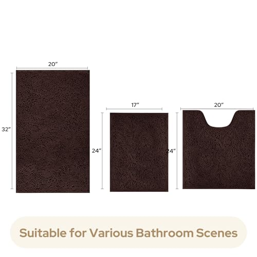 HOMEIDEAS 3 Pieces Bathroom Rugs, Ultra Soft Non Slip Absorbent Chenille Toilet Bath Mat Set (Brown) - color: Brown-brown, size: 17"x24"+20"x32"+U Shape 20"x24"