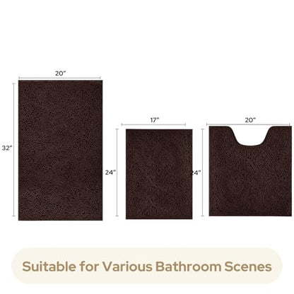 HOMEIDEAS 3 Pieces Bathroom Rugs, Ultra Soft Non Slip Absorbent Chenille Toilet Bath Mat Set (Brown) - color: Brown-brown, size: 17"x24"+20"x32"+U Shape 20"x24"