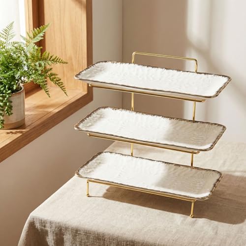 Three-Tier Ceramic Plate Rack - Foldable Gold Plate Rack with Three Large 14-inch White Plates for displaying Food, Fruit, Desserts, and Entertaining Guests. - color: 3-tier 14 Inch Serving Rack