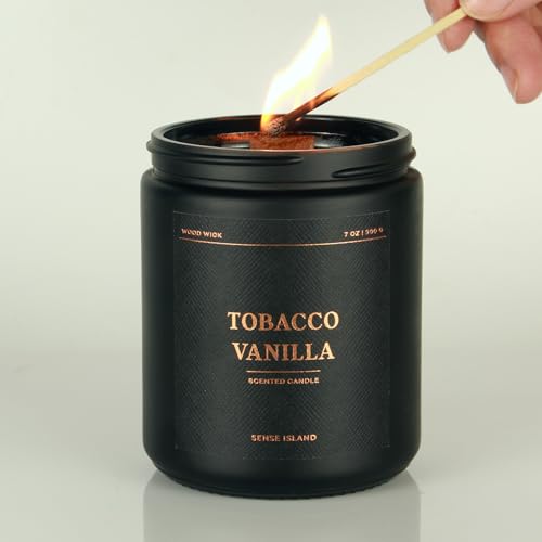 Tobacco Vanilla Crackling Wood Wick Candle for Men, Strong Masculine Scent, 100% Soy, 50-Hour Burn, Luxury Black Jar with Gold Text Scented Candle with Crackle Wooden Wick for Home, Office, Gifts