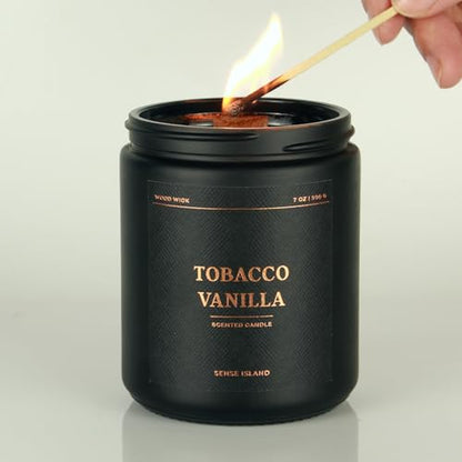 Tobacco Vanilla Crackling Wood Wick Candle for Men, Strong Masculine Scent, 100% Soy, 50-Hour Burn, Luxury Black Jar with Gold Text Scented Candle with Crackle Wooden Wick for Home, Office, Gifts