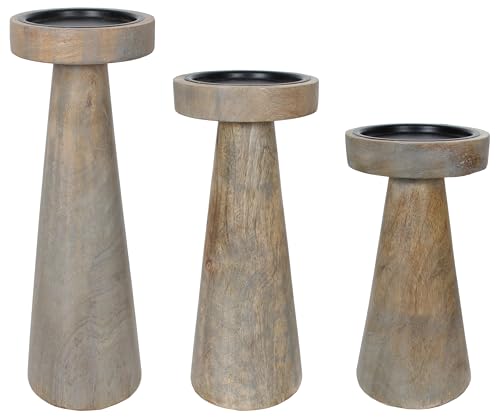 Set of 3 Pieces Wood Pillar Candle Holders, Mango Wooden Candlesticks Holders 12 Inch, 10 Inch, 8 Inch Height (Gray Wash) - color: Gray Wash