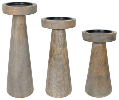 Set of 3 Pieces Wood Pillar Candle Holders, Mango Wooden Candlesticks Holders 12 Inch, 10 Inch, 8 Inch Height (Gray Wash) - color: Gray Wash