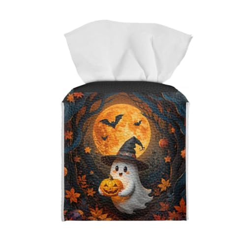 Cute Halloween Ghost Square Tissue Box Cover | Lightweight Square Napkin Storage Holder, Funny ghost graphic adds festive atmosphere for fall & Halloween party - color: Cute Ghost Halloween Forest